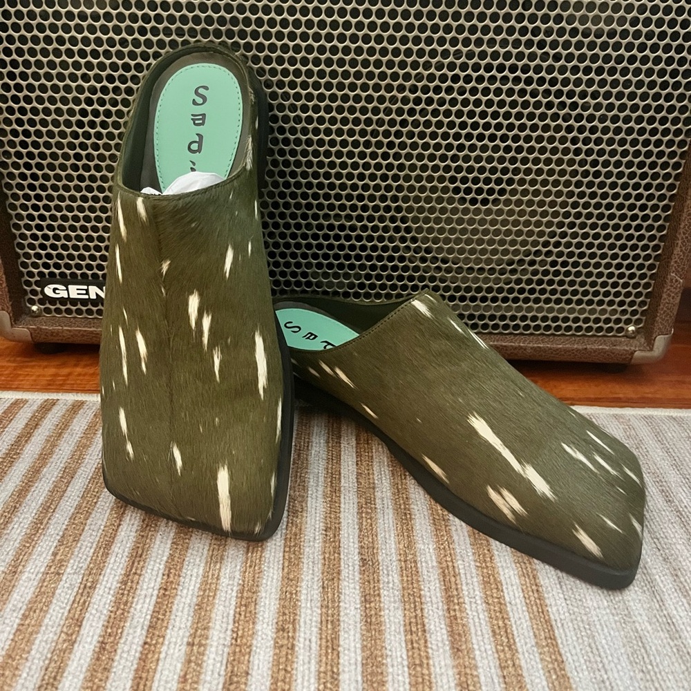 Sadi Studios Olive Calf Hair Mule Clogs Size 9 Cowhide Square Toe New